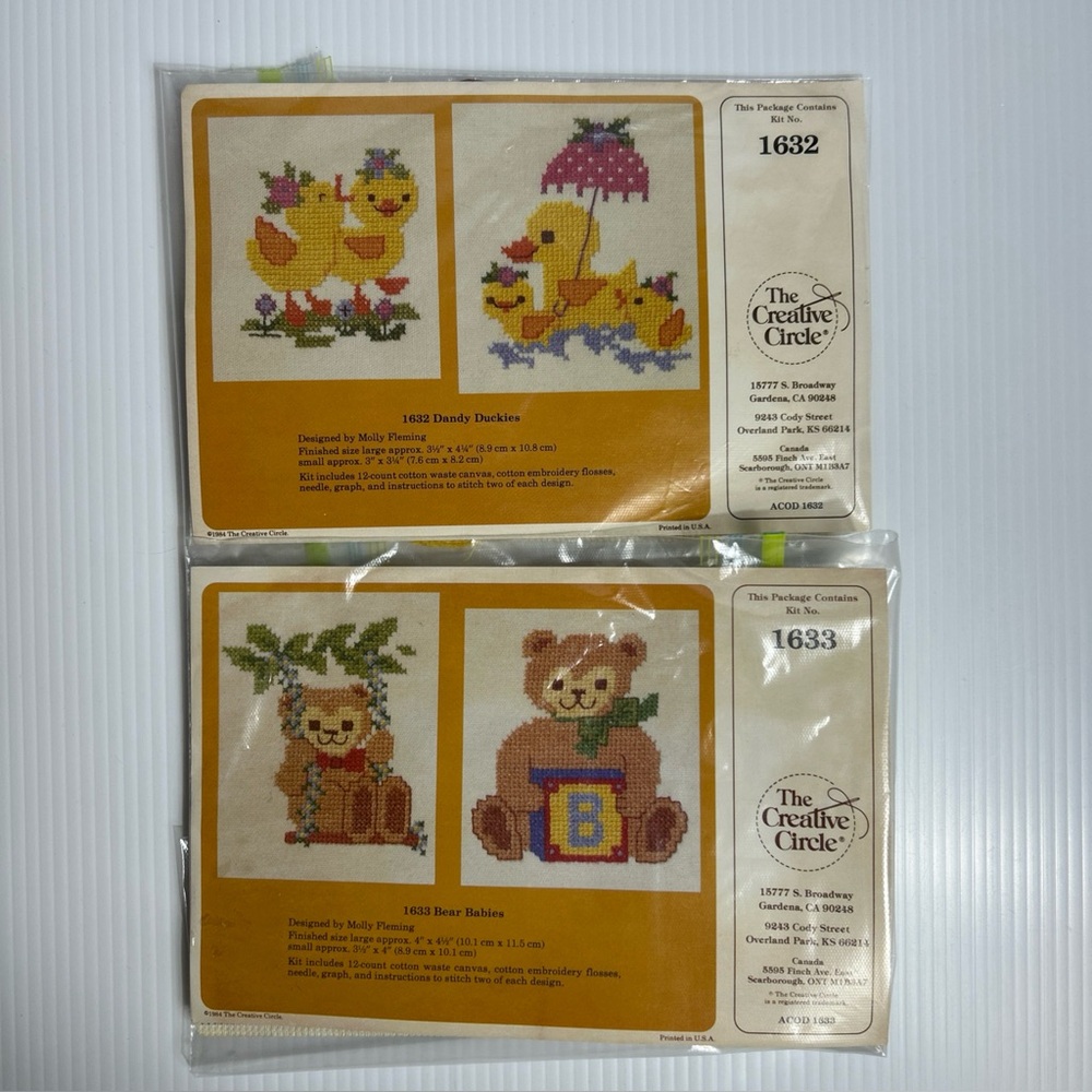 2 VTG Creative Circle Cross Stitch Kits ~ 1632 Dandy Duckies ~ 1633 Bear Babies